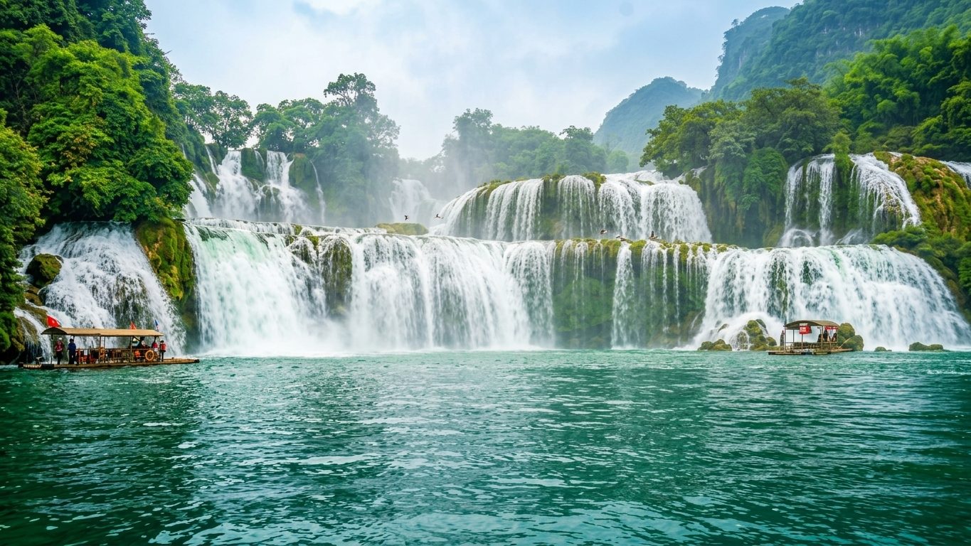 Bản Giốc Waterfall cascading into a turquoise pool on the Vietnam–China border, Cao Bằng