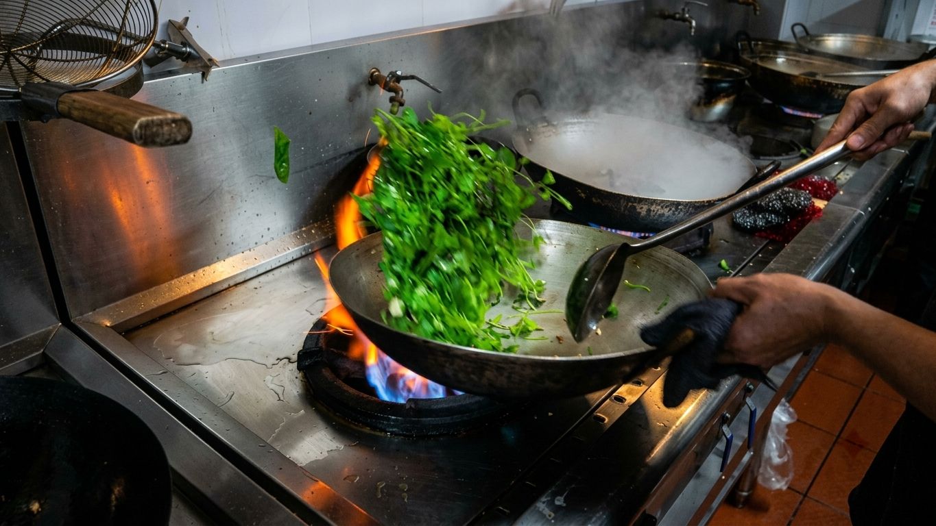 Greens tossed over a roaring flame in a wok, in a kitchen in Cao Bằng