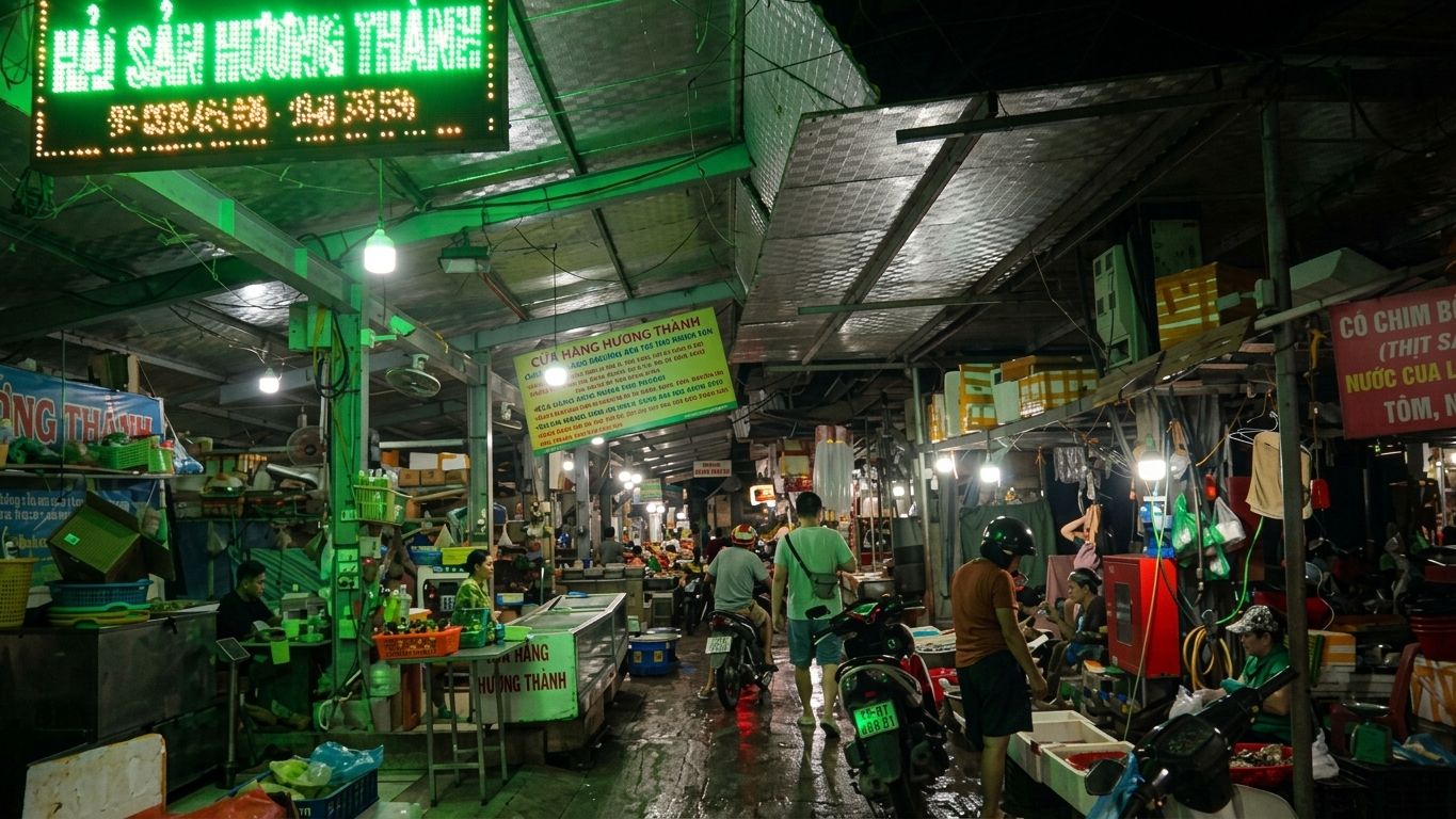 Evening stalls under the lights of the central market in Cao Bằng City