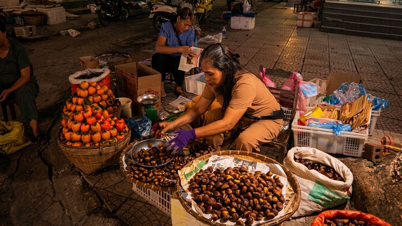 A street vendor selling roasted chestnuts and persimmons on the pavement in Cao Bằng