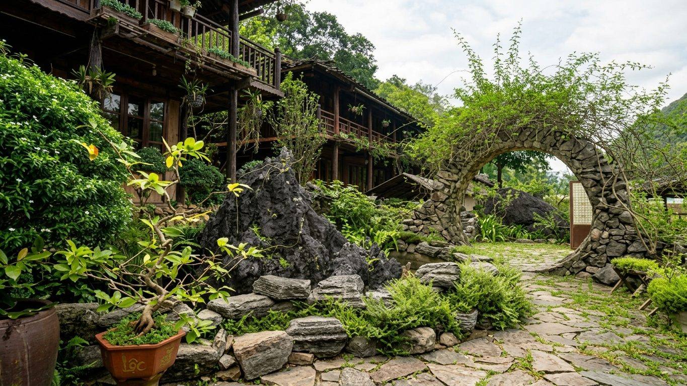 Stone garden and moon gate at Mé Farmstay, Cao Bằng