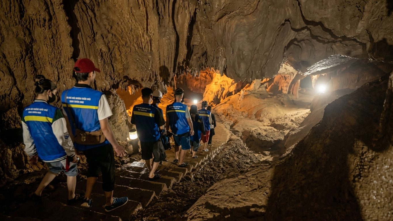 Visitors walking through Ngườm Ngao limestone cave with local guides, Cao Bằng