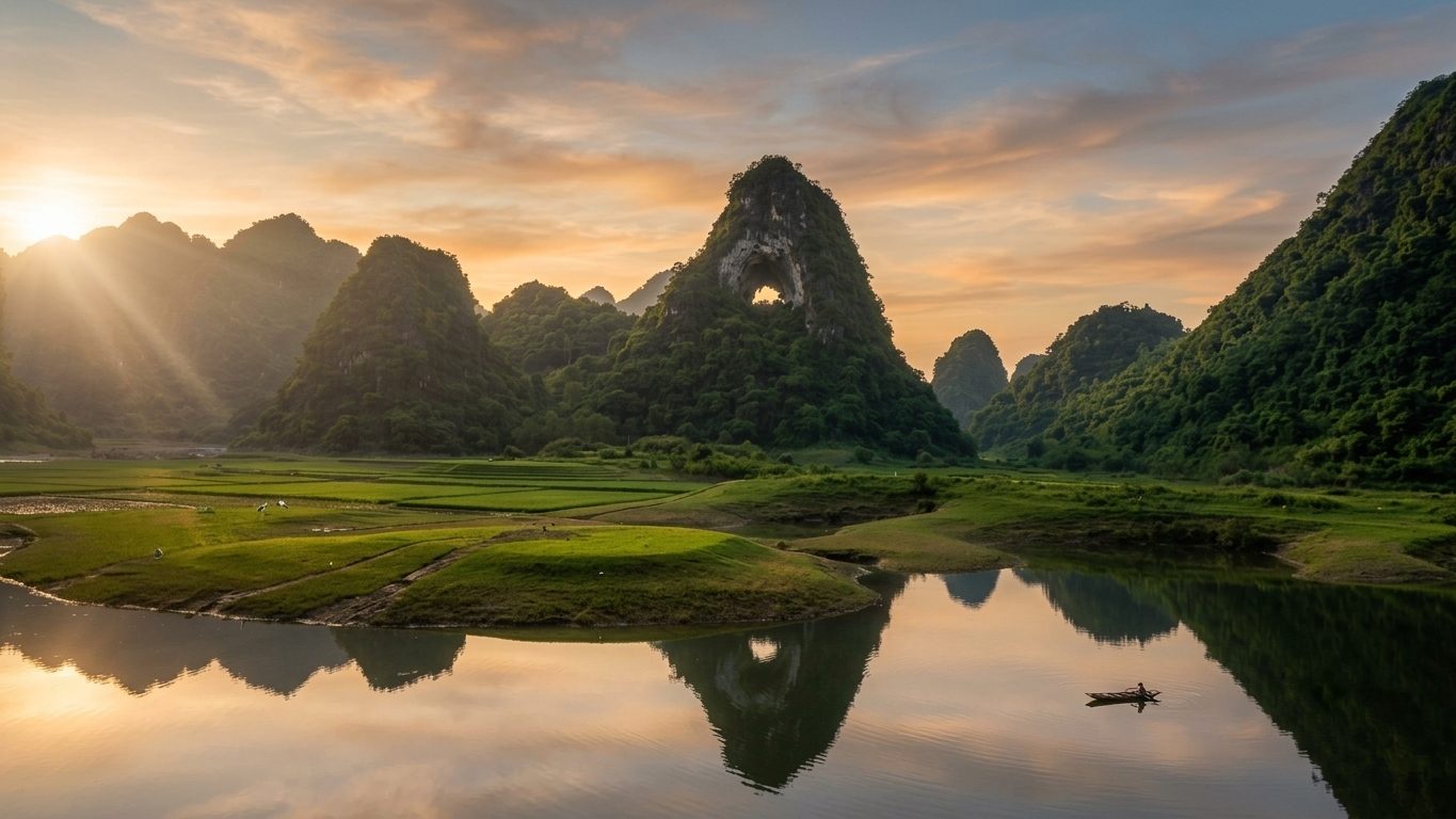 Núi Thủng, the Eye of the Mountain, reflected in still water at sunset, Cao Bằng