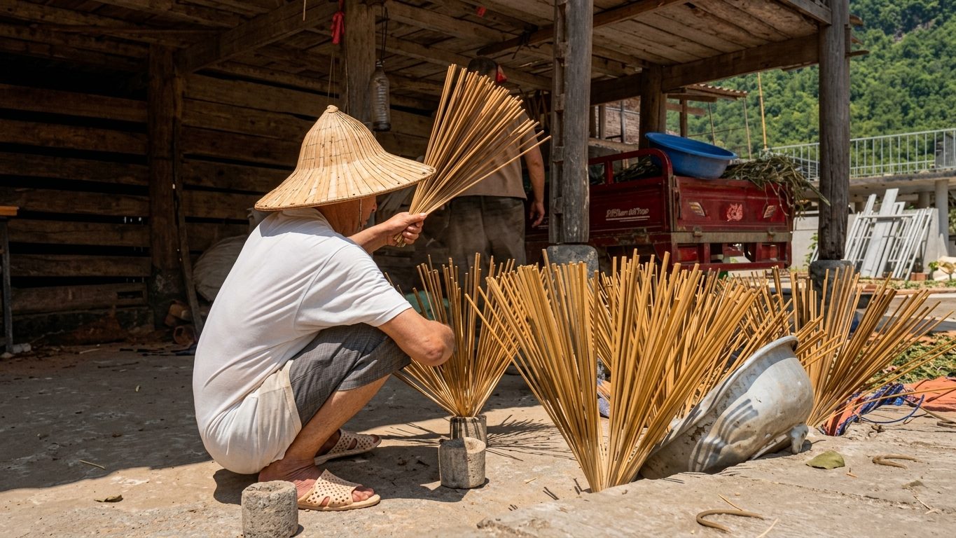 A villager fanning out hand-rolled incense sticks to dry in Phja Thấp, Cao Bằng