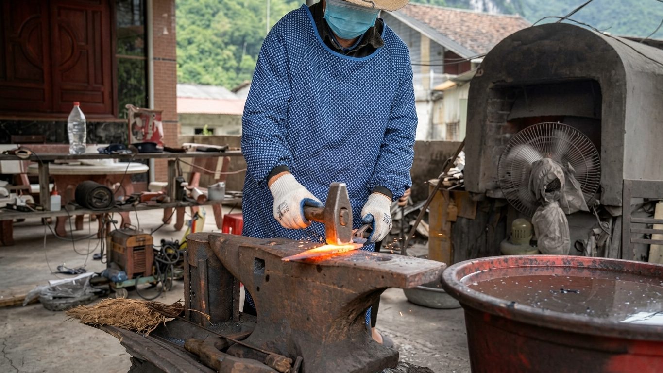 A blacksmith hammering a glowing blade on an anvil in Phúc Sen forge village, Cao Bằng