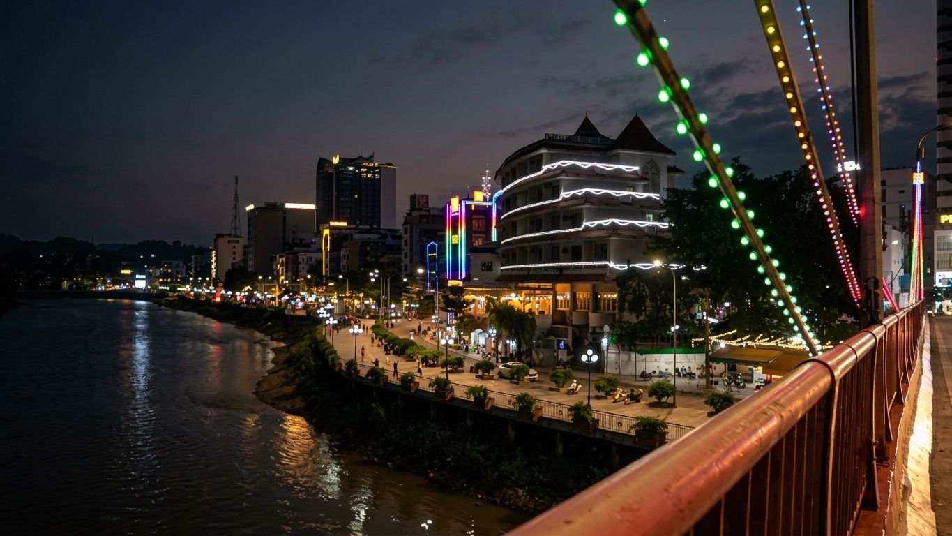 The Bằng Giang river and its lit-up bridge at dusk in Cao Bằng City